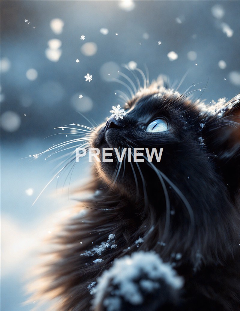 A close-up of a black cat with icy blue eyes looking upward as snowflakes gently fall around it, with some snow on its fur.